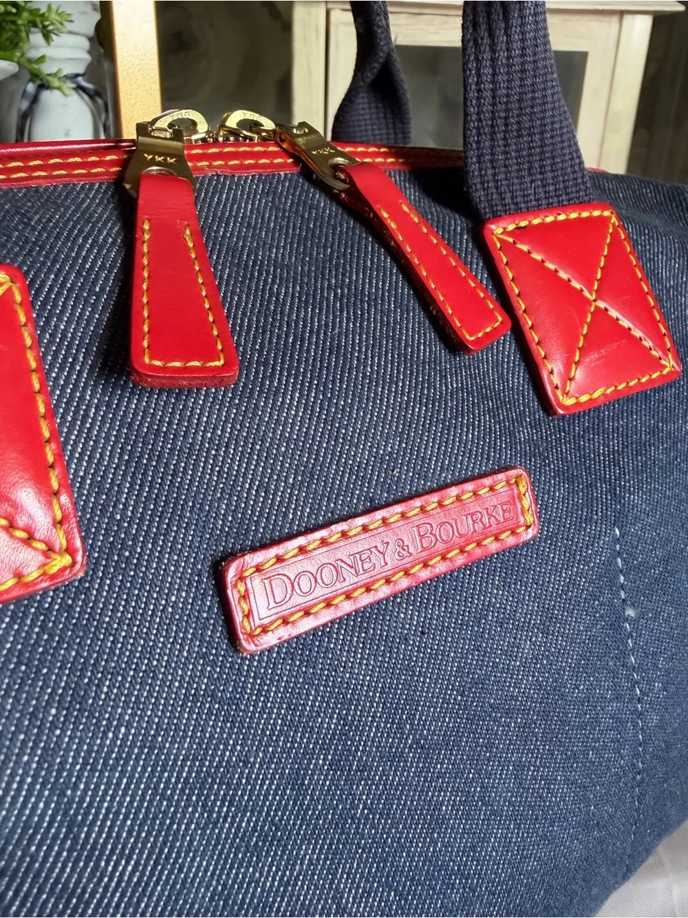 Y2K Dooney & Bourke Navy Denim Red Leather Trim Top Handle Satchel Bag Purse